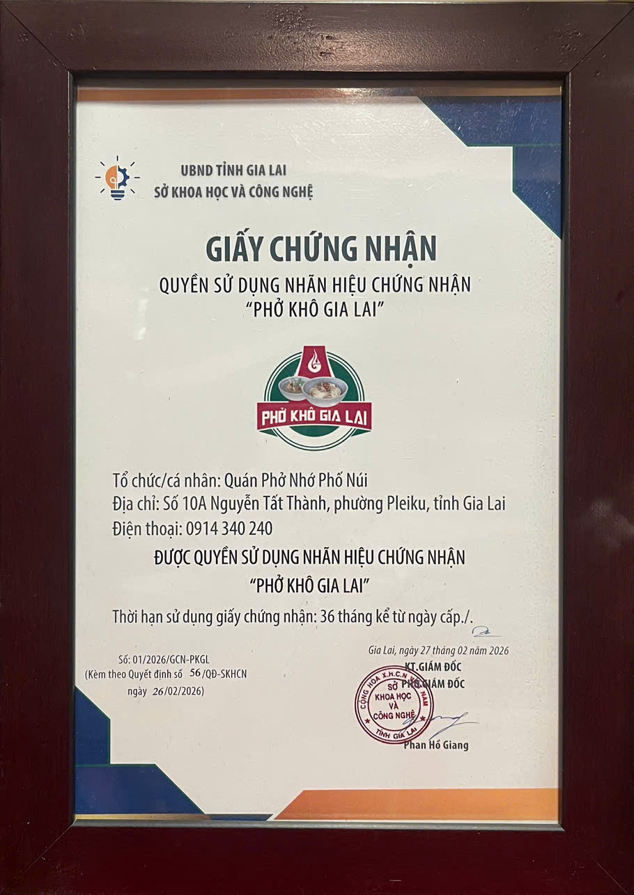 Chứng nhận sử dụng nhãn hiệu Phở Khô Gia Lai